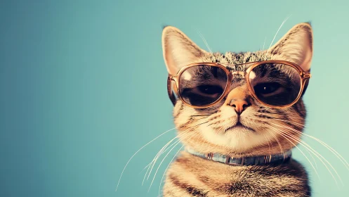 Tabby cat wearing sunglasses and collar against turquoise background
