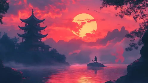 Crimson sun over misty pagoda and solitary lakeside figure.