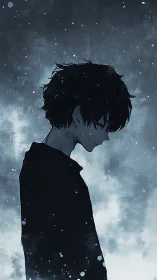 Snow-silent boy in moonlit blues, haloed by falling hush.