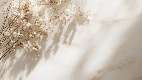 Dried gypsophila stems casting shadows on light surface.