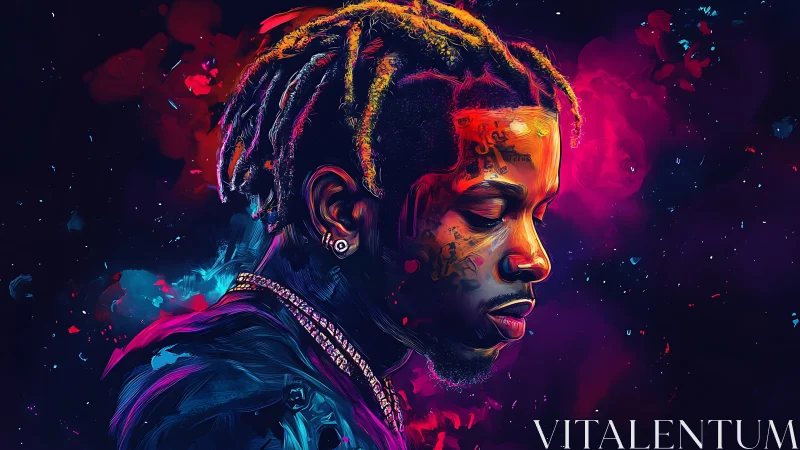 Luminous portrait of a reflective musician in neon colors.