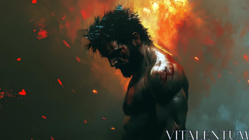 Battle worn male warrior in profile, backlit by explosive fire