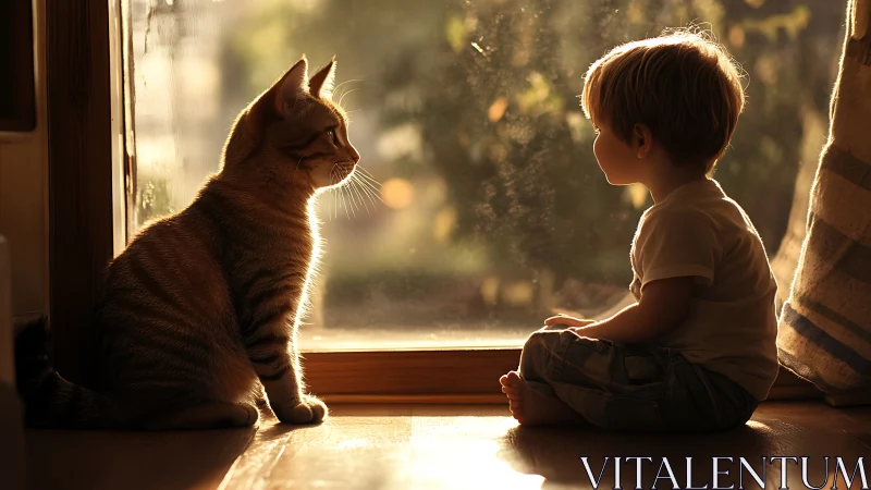 Golden Hour Companions: Child and Cat Share Quiet Window Contemplation