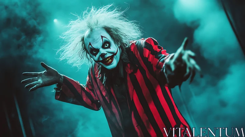 Creepy striped clown lunges toward lens through teal stage fog