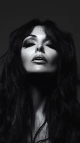 Monochrome high‑contrast portrait with sculpted facial geometry.