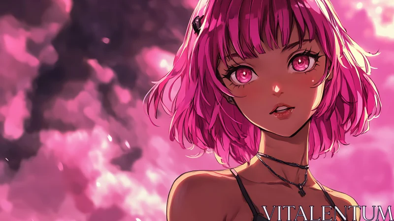 Dreamy pink haired girl under glowing cotton candy skies.