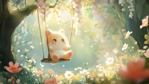 Fluffy kitten on a tree swing in soft floral sunlight.
