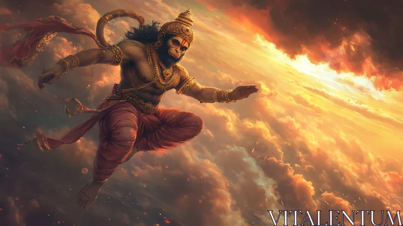 Mythic simian warrior soaring through molten skies.