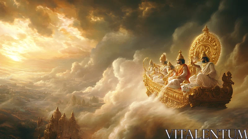 Golden celestial chariot carrying radiant deities above clouds