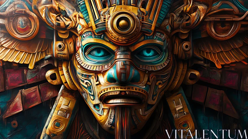 Aztec cybernetic deity mask with teal inlays and gold filigree