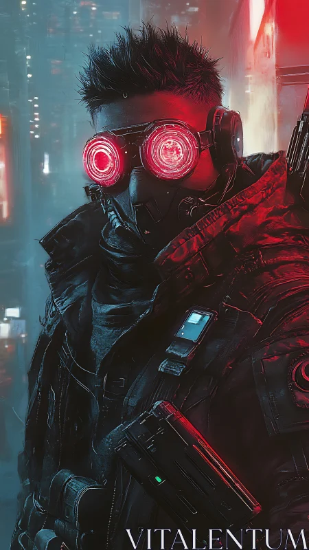 Cyberpunk scout in neon red goggles surveys rain city.