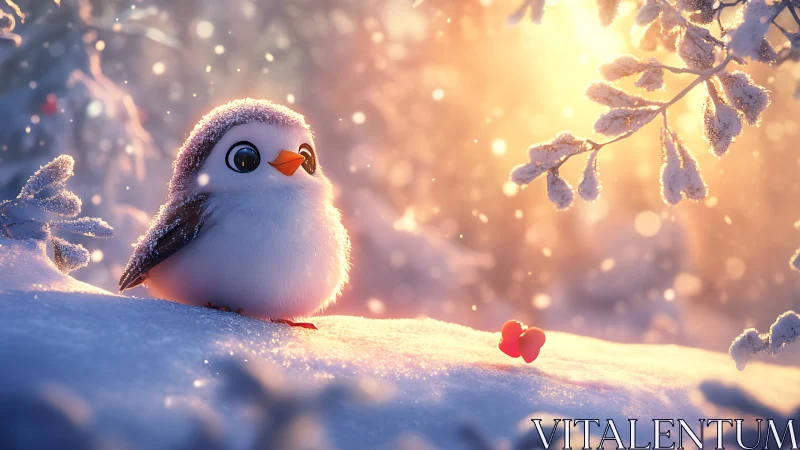Snowy chick watches crimson berries in glowing sunrise.
