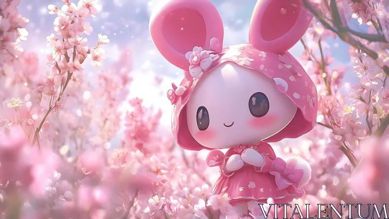 Pink bunny girl delights in dreamy cherry blossom garden.