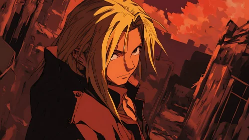 Blond anime figure in red coat amid ruined urban setting.