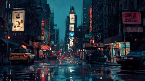 Midnight city rain turning neon streets into soft rivers.