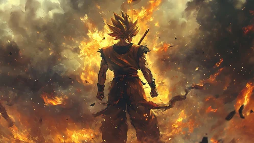 Golden-haired warrior stands amid dense flames and smoke
