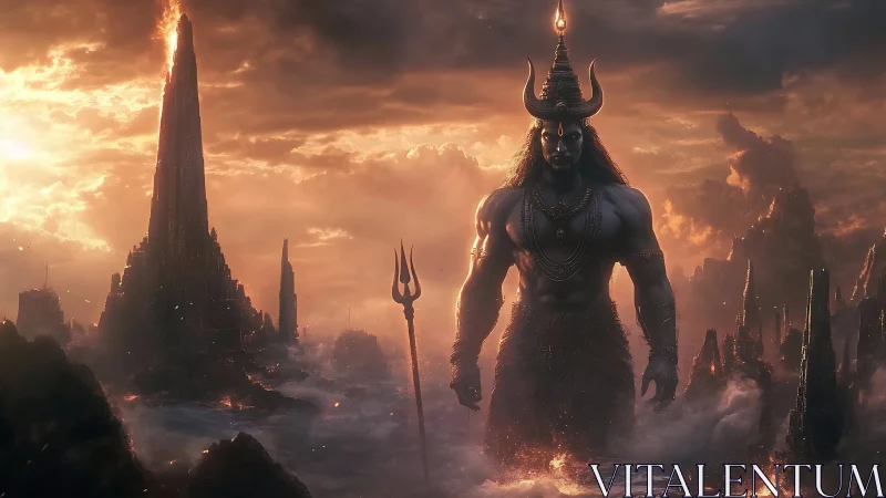 Flaming-crowned titan strides through molten twilight realm