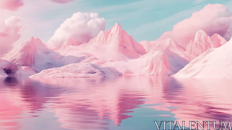 Cotton-candy mountains rise above reflective pink water surface