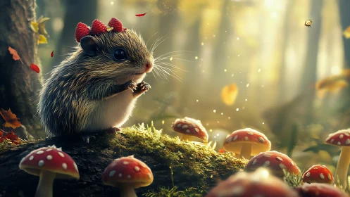 Backlit forest rodent with berries amid luminous toadstools