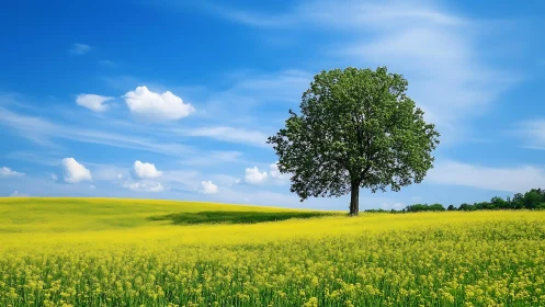 Solitary deciduous tree stands in expansive yellow field