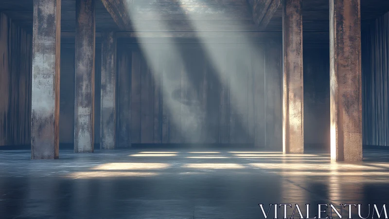 Sunlit concrete hall bathes weathered pillars in quiet glow.