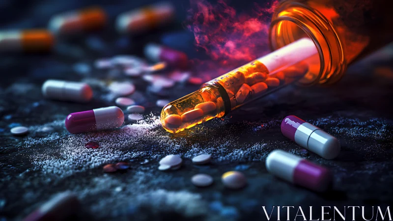 Spilled capsule bottle releases assorted pills on dark surface
