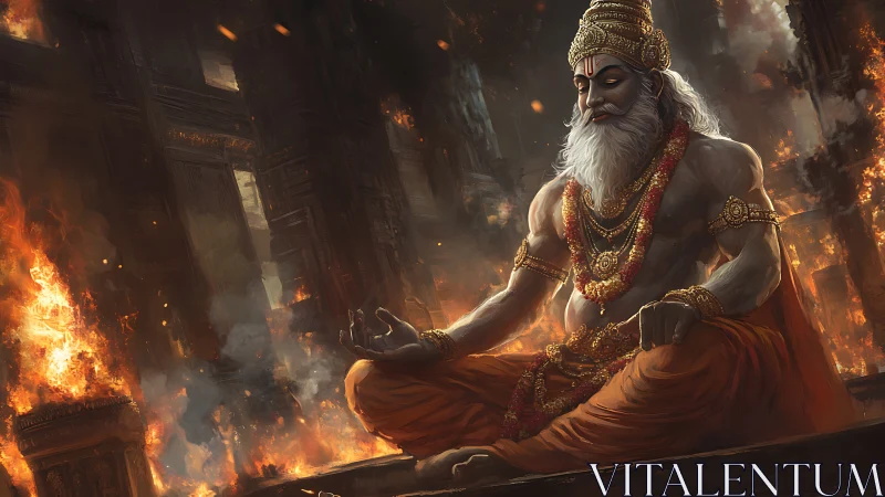 Digital painting of meditative deity amid burning ruins.