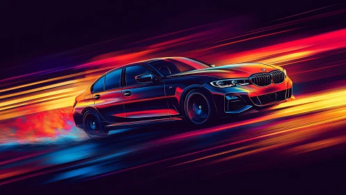 Rendered sports sedan moves through stylized light trails