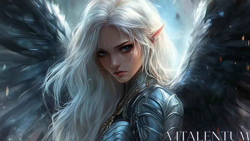 Winged elf warrior faces viewer in detailed armor