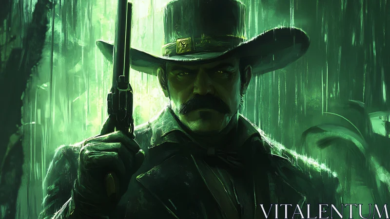 Grim swamp gunslinger bathed in eerie emerald rain.