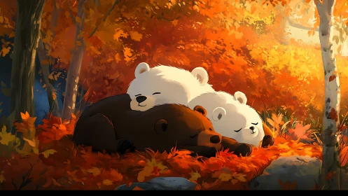 Autumn forest bears rest under glowing golden foliage.