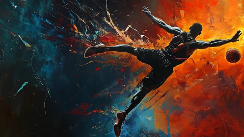 Dynamic basketball dunk rendered with high-energy abstract lighting