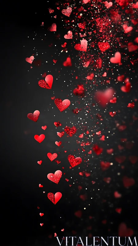 Dispersing red hearts and glowing particles against dark background.