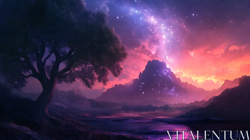 Starlit fantasy mountain under vivid nebula sky at dusk.