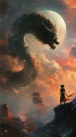 Warrior faces colossal celestial dragon above temples.