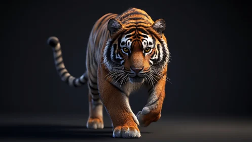 Stalking tiger strides forward under dramatic studio lighting.
