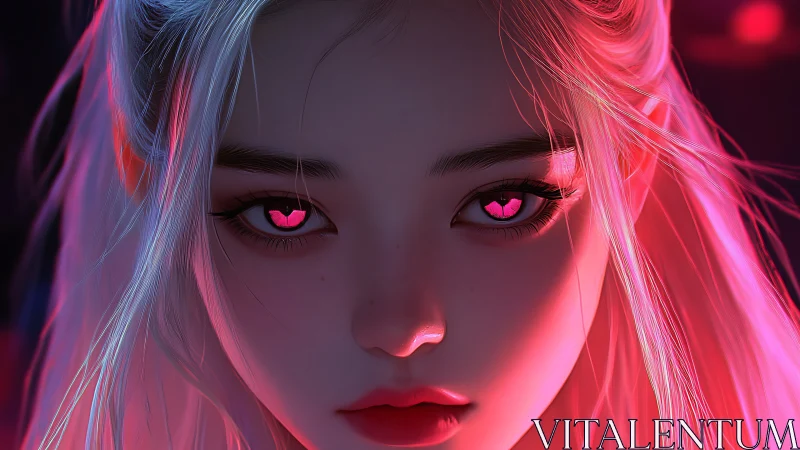 Luminous pink-eyed heroine glowing in neon nightlight.