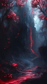 Crimson forest canyon channels molten light through mist.