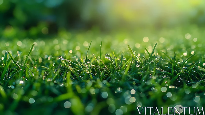 Macro morning dew on grass blades with shallow bokeh field