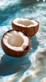 Sunlit coconut halves drifting in bright blue ripples.