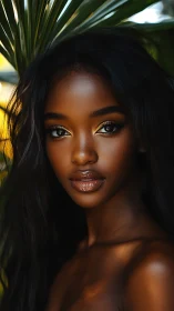 Photorealistic tropical portrait with luminous bronze styling.