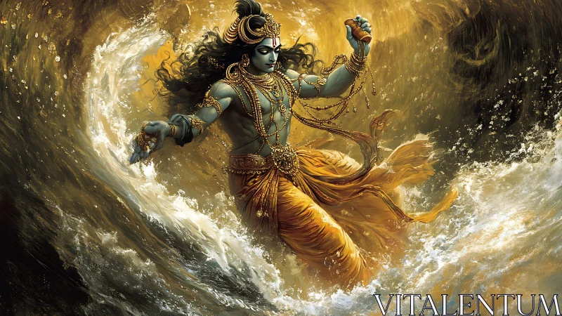 Blue skinned mythic figure in turbulent golden seascape.