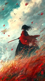 Lone sword wielder in red cloak on a windswept hillside.