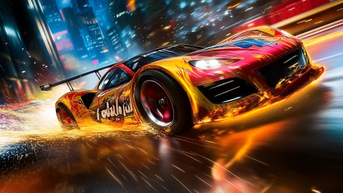 Midnight street racer blazing through neon city lights.