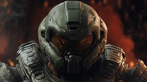 Battle-scarred power armor helmet close-up with molten visor glow