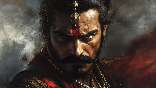 Warrior’s fierce gaze commands a storm of smoke and fire.