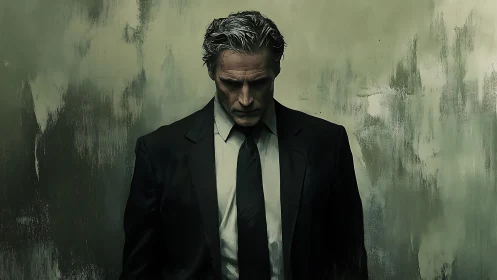 Brooding middle aged man in suit against abstract wall.