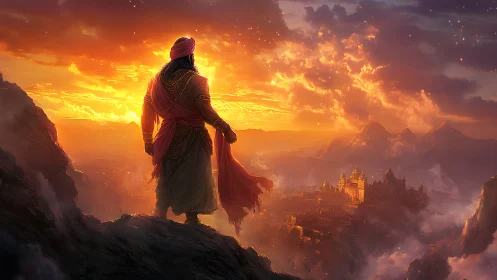 Figure in traditional attire observing distant valley city.