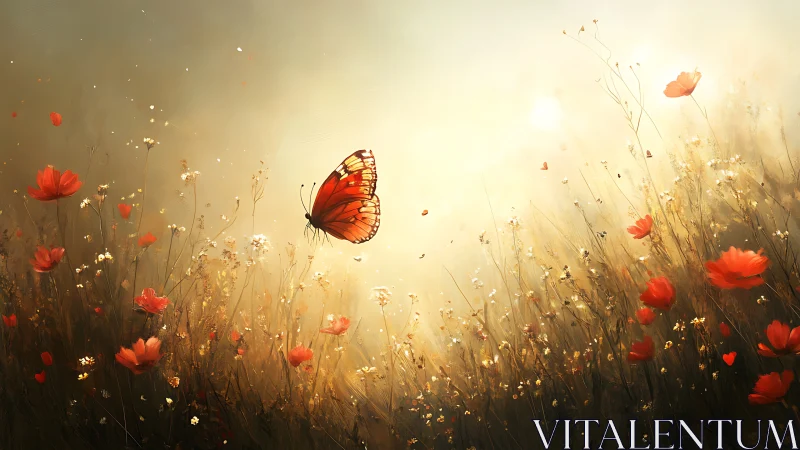 Orange butterfly hovers above red wildflowers in hazy light