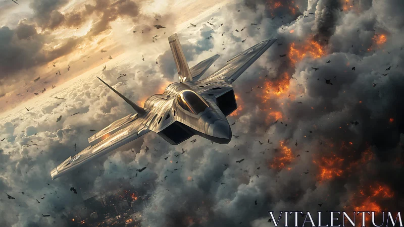 Combat jet slicing through fiery storm clouds in battle.